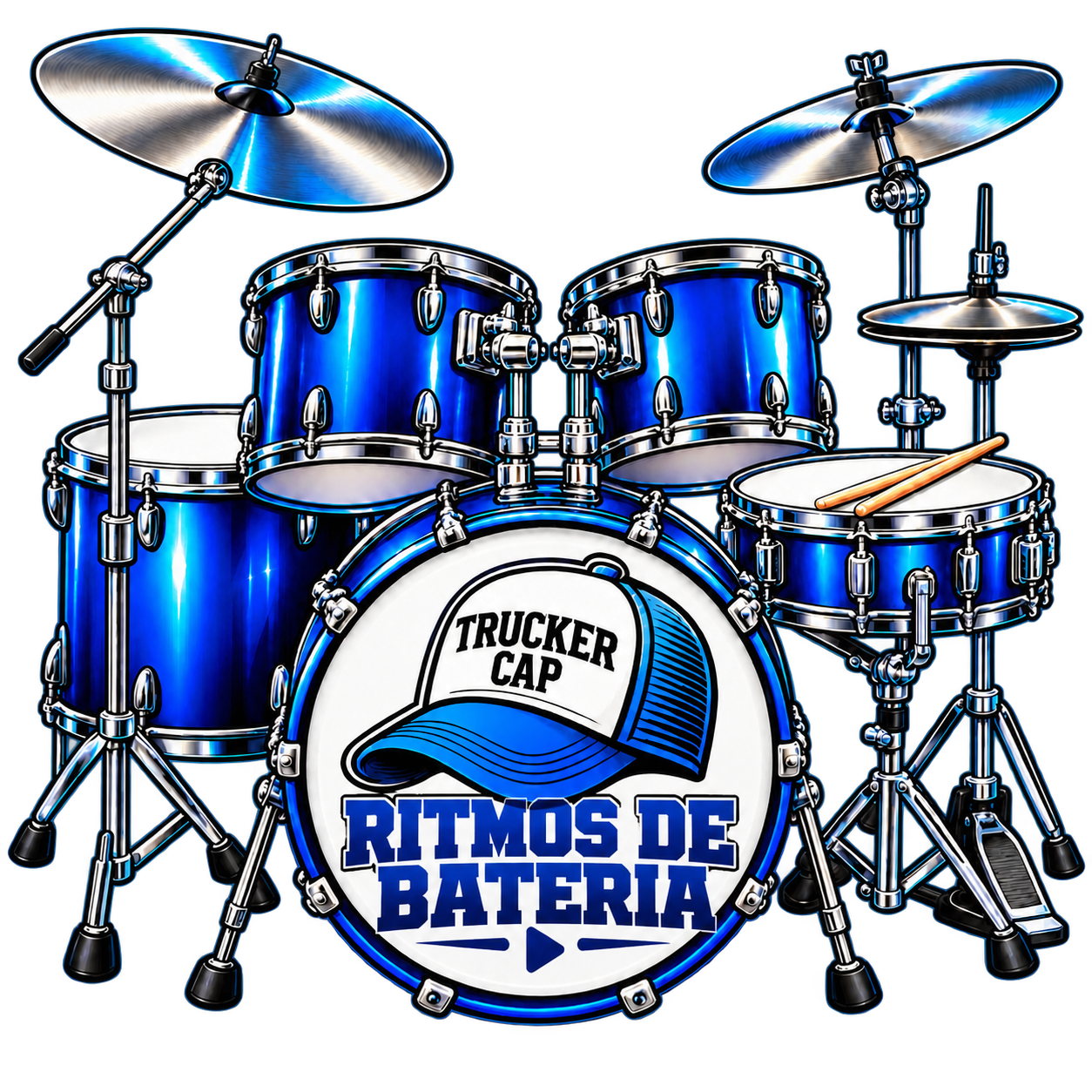 Bateria acústica azul com o boné Trucker Cap Ritmos de Bateria no bumbo